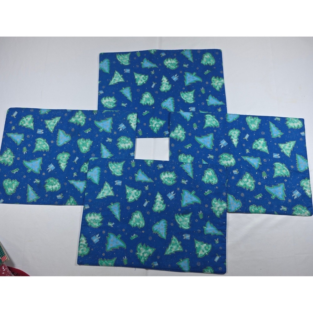 Blue Christmas Placemats Set of 4 Green Trees Gold Metallic Swirls Holiday Decor